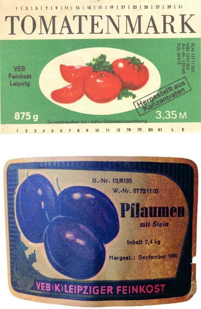 Bilder von zwei Dosenetiketten, die auf der Feinkost hergestellt wurden